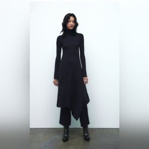 Zara Navy Blue Asymmetrical Knit Dress with Pants New with Tags Size Large